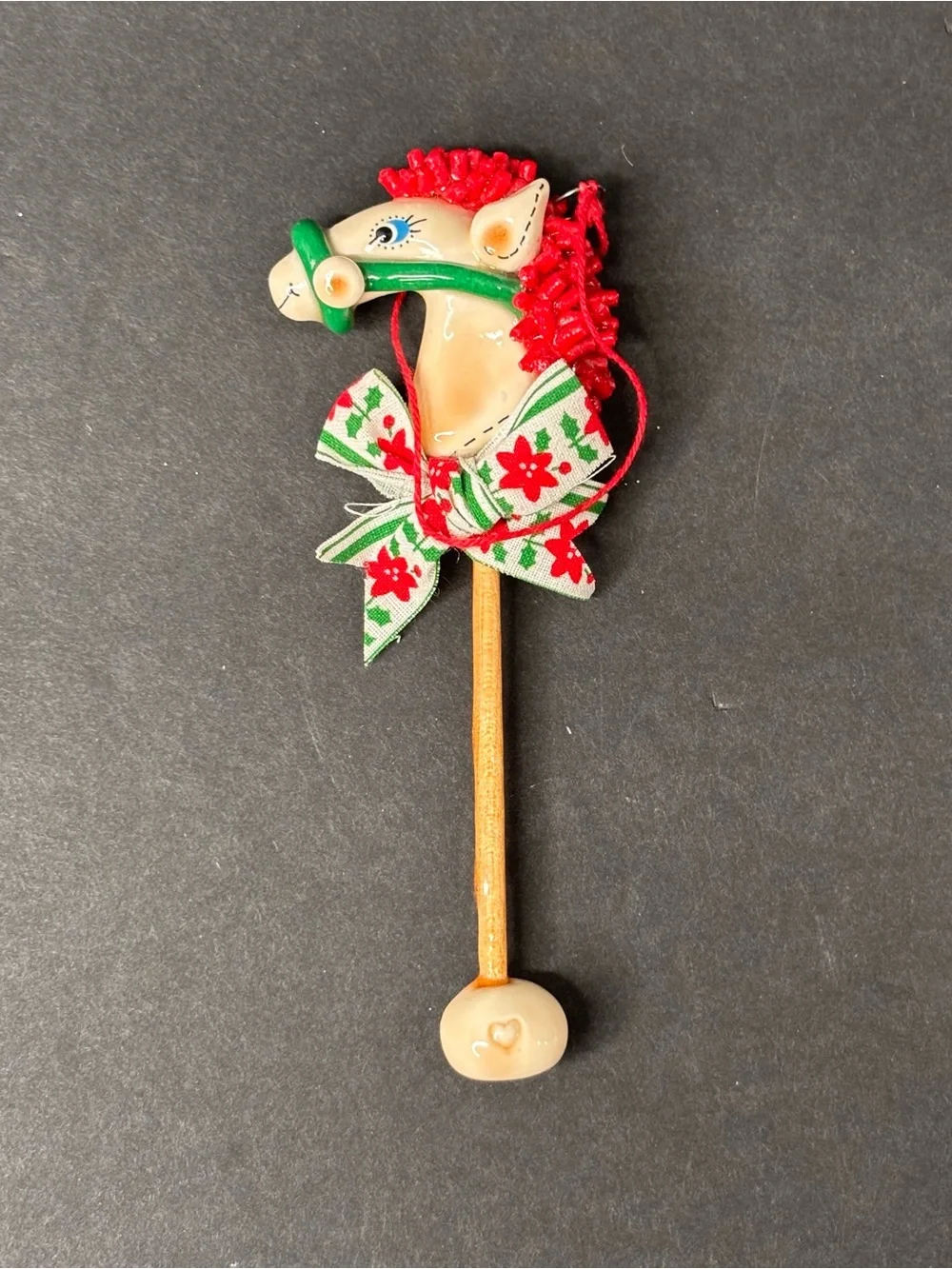 Vintage Salt Dough Christmas Ornament Hand Made Stick Horse With Bow 4.5”